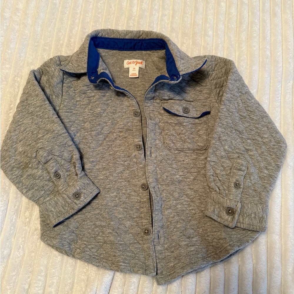 Cat & Jack Blue-Trimmed Gray Quilted Button Down Shirt